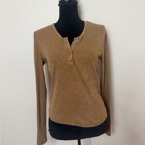 Rebellious One Ribbed Henley Long Sleeve Top | Tan Brown | Size M